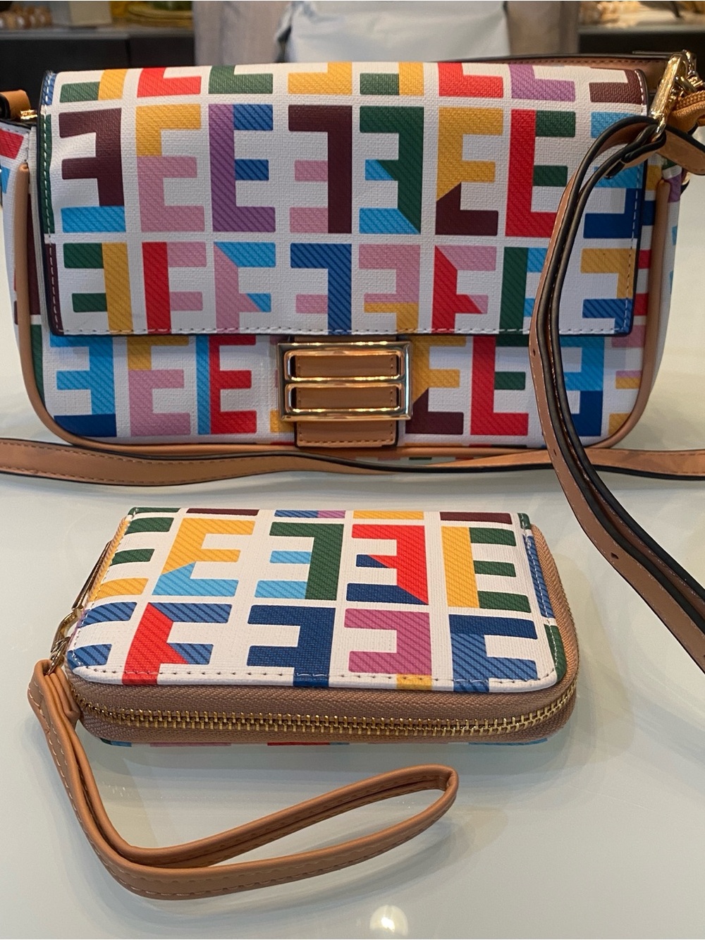EUC Geometric Multi Color Print Shoulder Bag & Matching Wallet Wristlet 2Pc